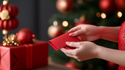 Wall Mural - Close up of hands holding red envelope near festive Christmas tree, surrounded by decorations and gifts, evoking warm holiday spirit