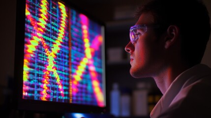 Leinwandbilder - A researcher examines vibrant data patterns on a large computer monitor in a lab. The environment is dimly lit, highlighting the colorful visuals. Safety goggles adorn the man's face.