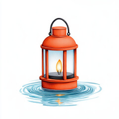 Wall Mural - vibrant orange lantern with glowing flame sits on calm water, creating serene atmosphere