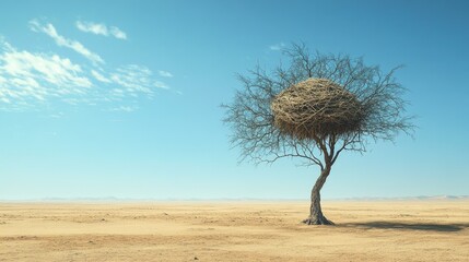 close-up of a tree with a sociable weaver nest, standing alone in the vast, desolate landscape of na