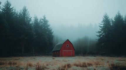 Wall Mural - Red Barn In A Foggy Forest Landscape