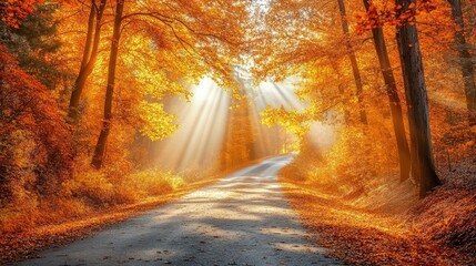 Wall Mural - Autumn Road Golden Sunlight Forest Path