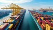 © paisorn - Busy seaport scene, cargo containers stacked high, large ships unloading, clear blue sky, vibrant maritime activity