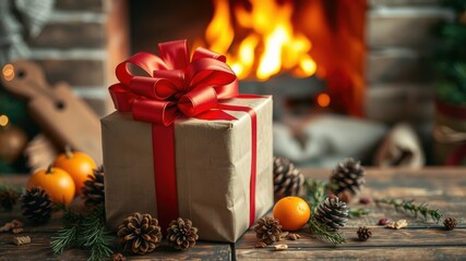 Poster - A wrapped gift with a red bow sits on a wooden table in front of a fireplace, surrounded by pine cones and mandarin oranges.