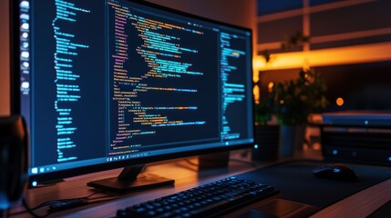A futuristic computer screen filled with flowing code, algorithmic patterns, and high-tech visuals in a dark setting.