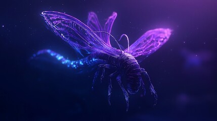 Wall Mural - Glowing insect with translucent wings in dark space.