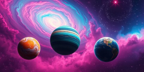three planets in a nebula of pink and blue swirls with a bright star in the distance