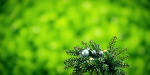 Poster - A close-up of a pine branch with silver ornaments, set against a soft green background.