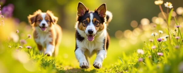 Wall Mural - Cat and dog running through wildflowers, sunlight on their fur, green, nature