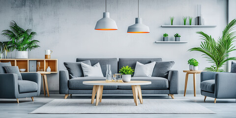 Wall Mural - Modern minimalist living room with gray furniture and green plants