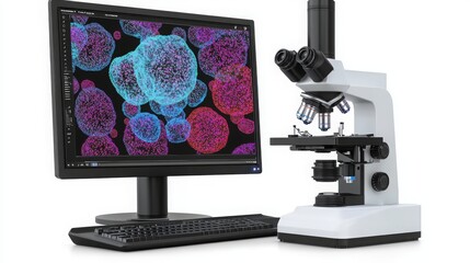 Poster - A microscope is positioned next to a computer displaying colorful biological cell imagery.