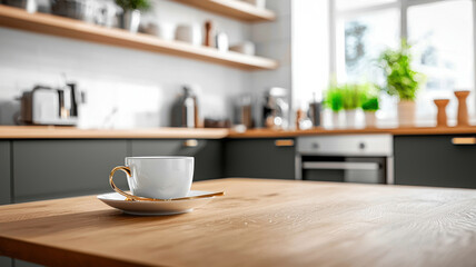 Wall Mural - Modern kitchen with white cup on wooden table, featuring green cabinets