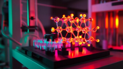 Poster - A detailed display of an advanced bio-computer setup featuring a molecular model glowing with vibrant colors.