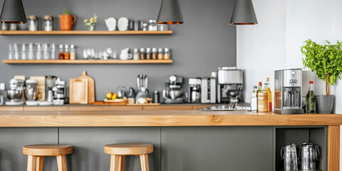 Wall Mural - Stylish kitchen with sage green tones, wooden bar, and modern appliances