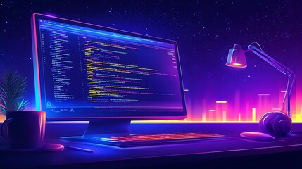 Retro Night Coding Setup Illustration