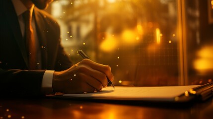 Poster - A professional writing scene with a person in a suit, capturing the warm ambiance of light and focus on the act of writing.