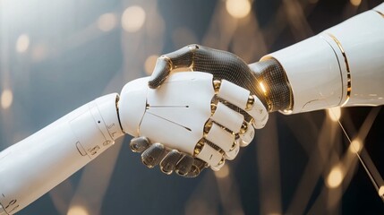 Poster - A futuristic handshake between a human hand and a robotic hand, symbolizing collaboration between technology and humanity.