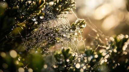 A close-up of a dew-covered spider web glistening in the sun, with nature intricate details captured in sharp focus
