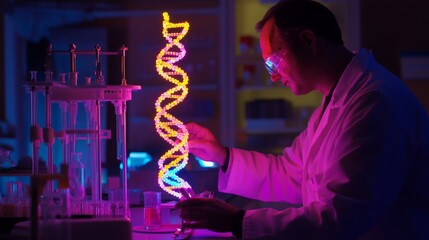 Poster - A scientist in a lab coat examines a vibrant, illuminated DNA helix model.