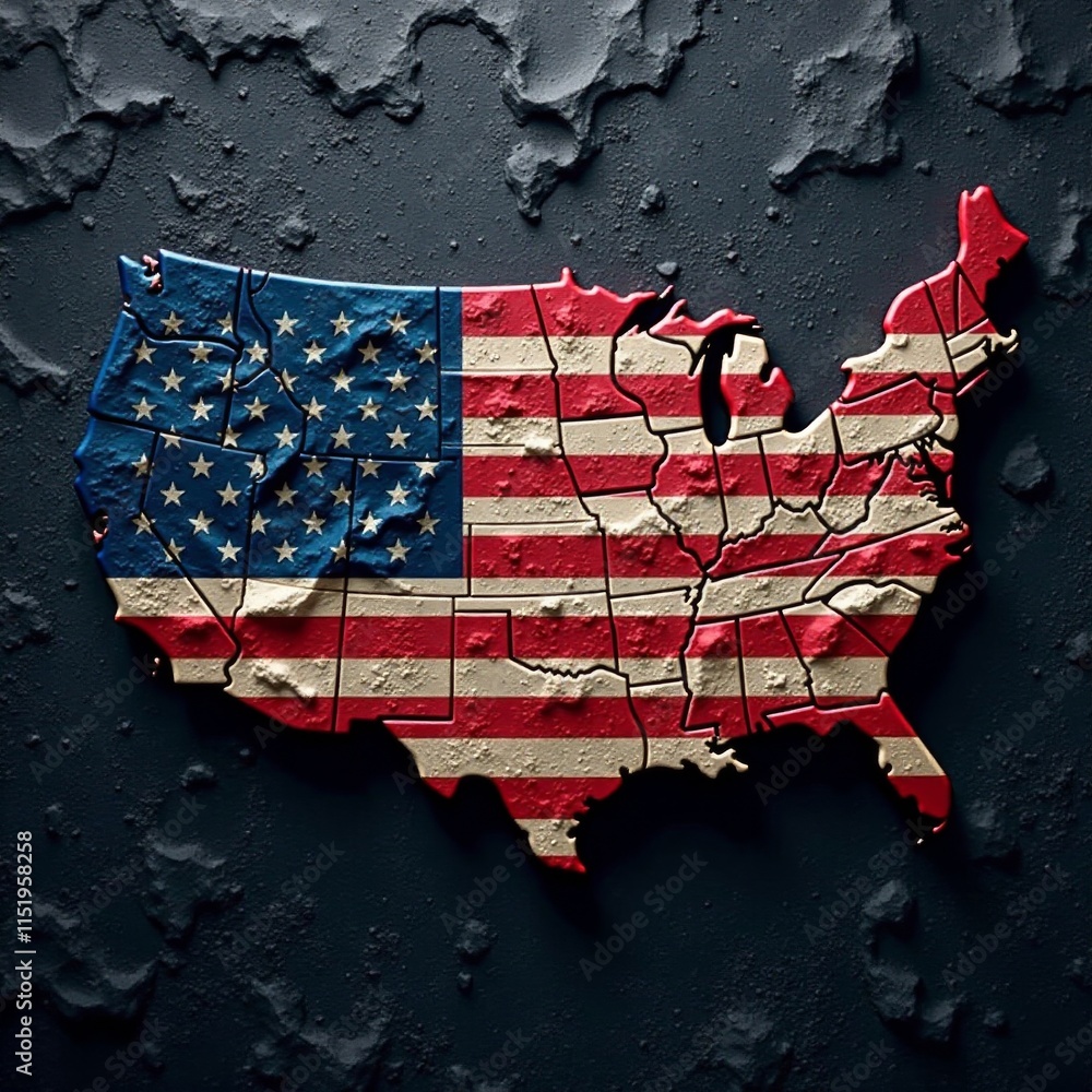 American flag design in a simple color palette on dark stone background ...