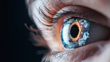 Digital retina scan with glowing holographic effects in human eye