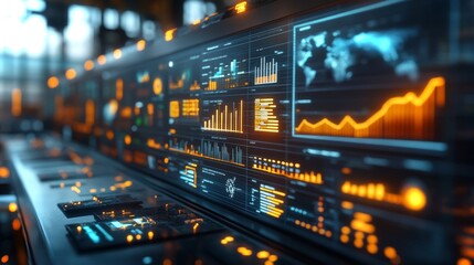 Leinwandbilder - A high-tech control room showcases vibrant data analytics on large screens.