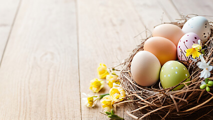 Wall Mural - easter eggs in a nest on a wooden table with flowers