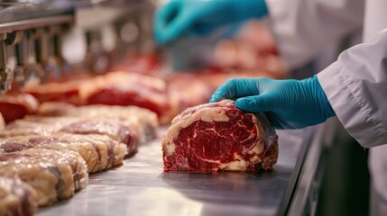 Scientist check chemical food residues in laboratory. Control experts inspect quality of meat. lab, hazards, ROHs, find prohibited substances, contaminate, Microscope,