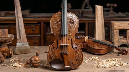 Ornate carved violin on workbench in workshop.