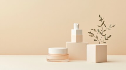 Wall Mural - Elegant Beige Cosmetic Product Display with Minimalist Aesthetic