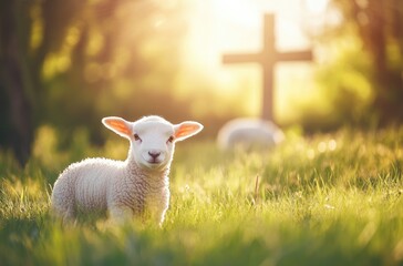 Poster - A cute lamb in the grass with an Easter cross behind it