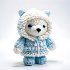 A knitted soft toy in the form of a kind fairy-tale polar bear, made of woolen threads in white and blue tones. White background.