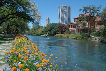 Wall Mural - A Peaceful River Scene with Buildings, Flowers, and a Stone Bridge