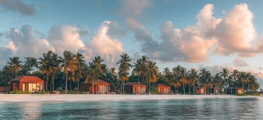 Poster - A stunning view of the beach with tall palm trees and the ocean, featuring white sand, a bright tropical summer sun, and a blue sky with light clouds, all in a wide format.