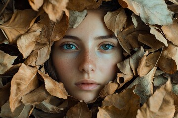 Poster - Young Woman Framed by Autumn Leaves