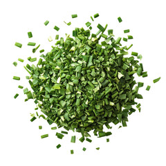 A pile of freshly cut chives, herbs in a top-down view, isolated on a white background. Dried oregano leaves for cooking and food photography