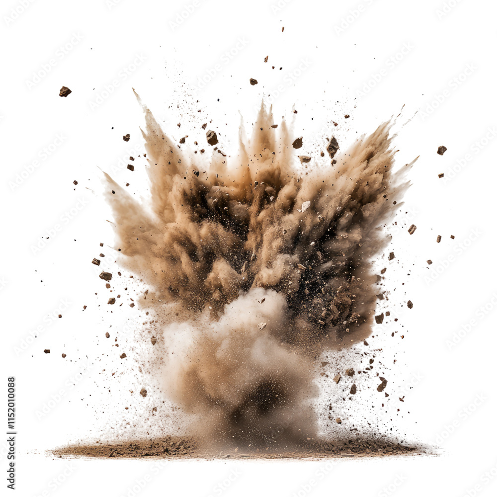 A realistic explosion with brown and orange colors on a white ...