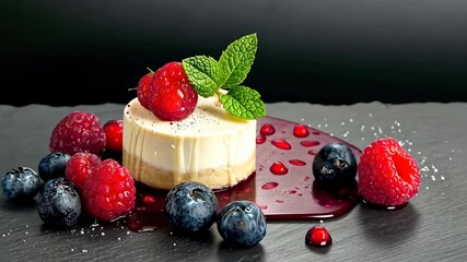 Sticker - Creamy Cheesecake with Fresh Berries, Mint, and Raspberry Sauce on Slate Plate Dessert Generative Ai