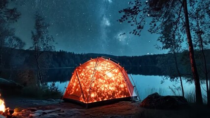 Sticker - Glowing Tent by Lake Under Starry Night Sky with Campfire Nearby, Creating Serene Generative Ai