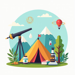 Attractive flat design graphic element of a science camp with telescope, microscope, science-themed pictures and a tent in the shape of an open book. vector illustration.