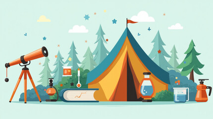 Attractive flat design graphic element of a science camp with telescope, microscope, science-themed pictures and a tent in the shape of an open book. vector illustration.