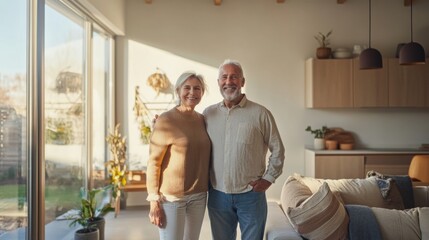 Aufkleber - A cheerful couple stands in their stylish new home, surrounded by large windows letting in ample sunlight. They show joy and satisfaction in their living room filled with modern decor and greenery.