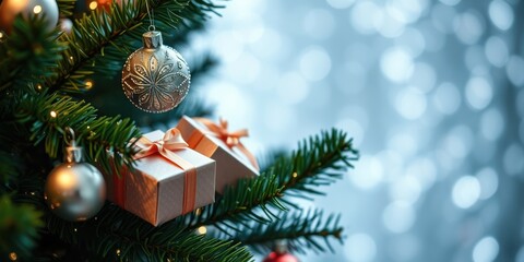 Poster - A close-up shot of a decorated evergreen tree with an elegant silver bauble and a gift box adorned with a delicate peach ribbon, captured against a soft, dreamy, bokeh background.