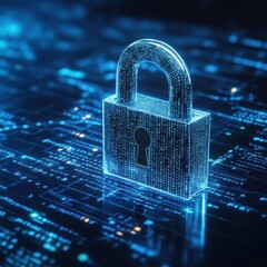 a digital padlock prominently displayed on an abstract cybersecurity technology background, featurin