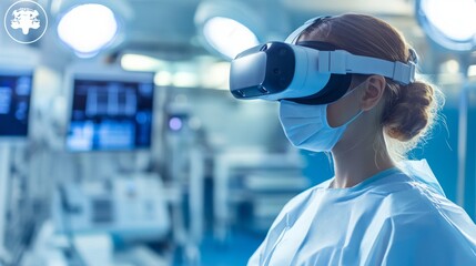Poster - A healthcare professional wears virtual reality goggles in a sleek medical facility while preparing for a procedure.