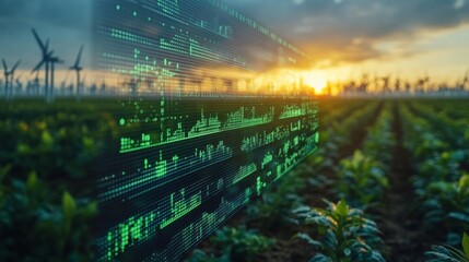 Aufkleber - Green crops thrive under a vibrant sunset, with wind turbines spinning in the distance. Digital data visualization overlays the fields, showcasing technological advancements in farming.