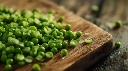 Close up sliced Green peas on wooden board