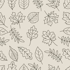 Wall Mural - seamless pattern of leaves in black line art isolated on brown background