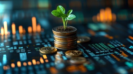 Leinwandbilder - Stacks of coins are arranged on a digital financial background. A small green plant is growing from the top stack, symbolizing growth and sustainability in finance.