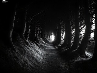 Sticker - Mysterious Tunnel of Trees Black and White